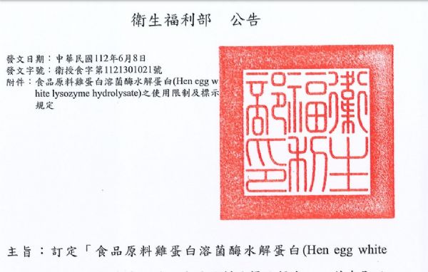 訂定「食品原料雞蛋白溶菌酶水解蛋白(Hen egg white lysozyme hydrolysate)之使用(yòng)限制及標示規定」，並自即日生效。